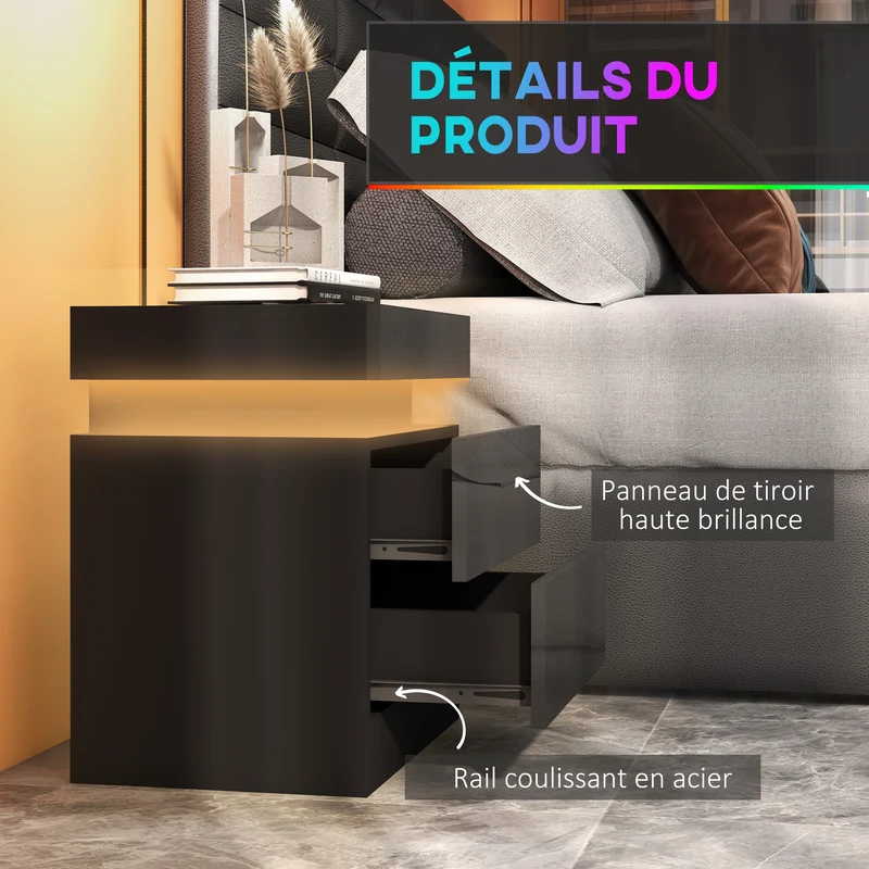 Table de chevet 45 x 35 x 52 cm éclairage led rvb ultra réglable 2 tiroirs design moderne en panneau de particules noir 21_0001560