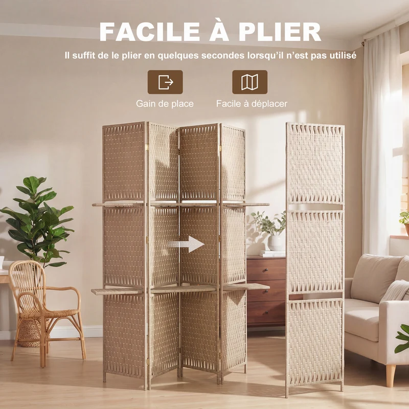 Séparateur de pièces 4 panneaux 181 x 180 x 1.6 cm pliable avec deux étagères rustique en bois de pin naturel paille 21_0001250