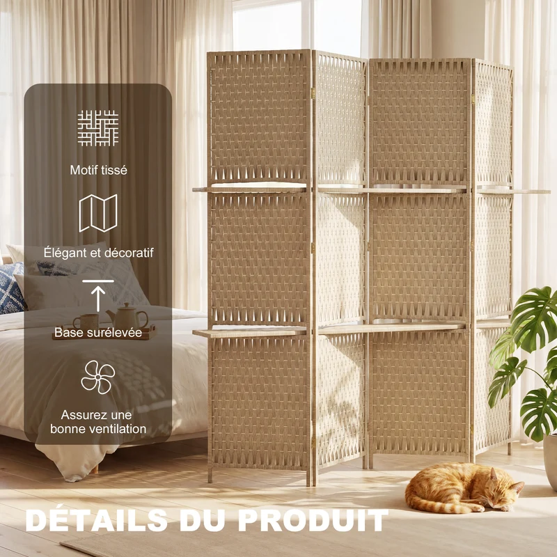 Séparateur de pièces 4 panneaux 181 x 180 x 1.6 cm pliable avec deux étagères rustique en bois de pin naturel paille 21_0001250