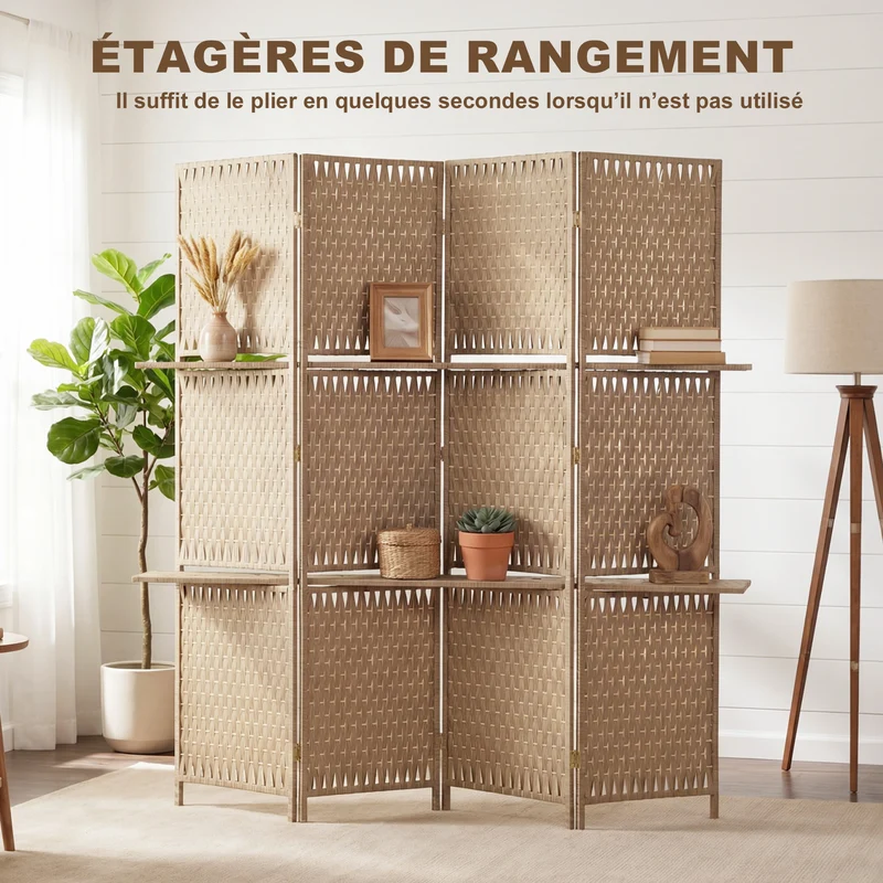 Séparateur de pièces 4 panneaux 181 x 180 x 1.6 cm pliable avec deux étagères rustique en bois de pin naturel paille 21_0001250
