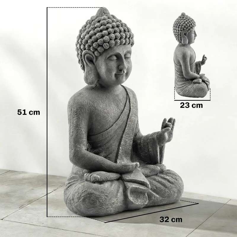 Statue de jardin bouddha assis 32 x 23 x 51 cm apaisante résistante aux intempéries zen en oxyde de magnésium gris foncé 21_0005697