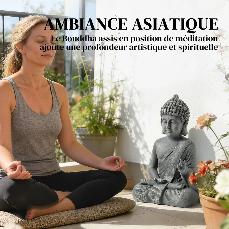Statue de jardin bouddha assis 32 x 23 x 51 cm apaisante résistante aux intempéries zen en oxyde de magnésium gris foncé 21_0005697