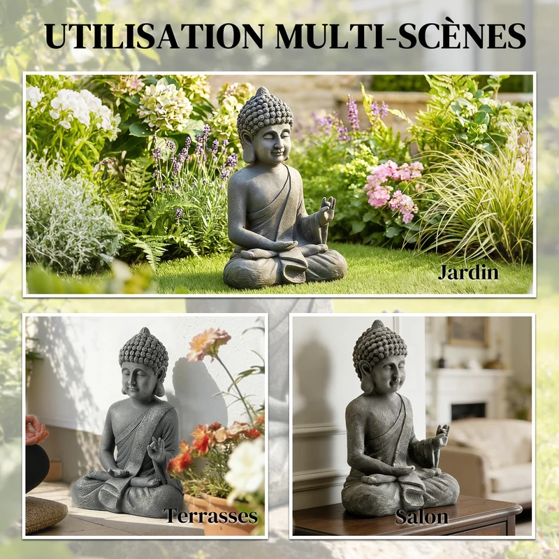 Statue de jardin bouddha assis 32 x 23 x 51 cm apaisante résistante aux intempéries zen en oxyde de magnésium gris foncé 21_0005697