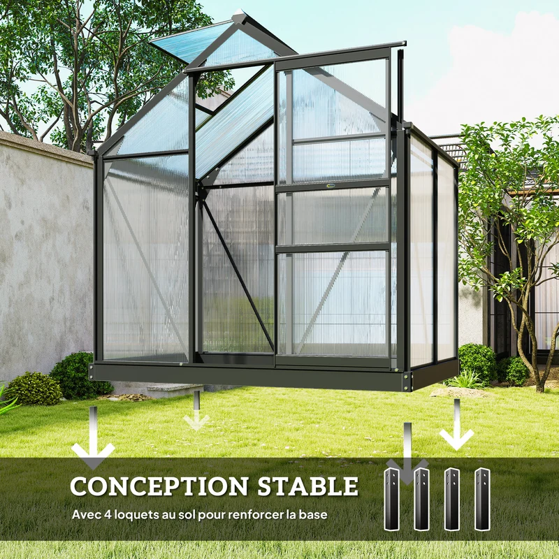 Serre de jardin 190 x 132 x 201 cm isolation résistante aux ultraviolets design moderne fondation en polycarbonate gris 21_0004050