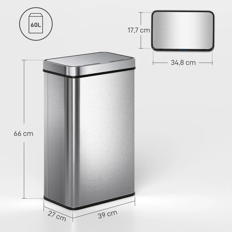Poubelle à capteur de cuisine 39 x 27 x 66 cm ouverture sans contact fermeture douce moderne en acier inoxydable argenté 21_0005945