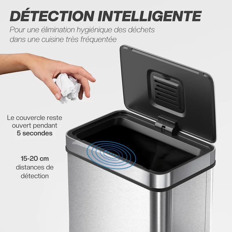 Poubelle à capteur de cuisine 39 x 27 x 66 cm ouverture sans contact fermeture douce moderne en acier inoxydable argenté 21_0005945