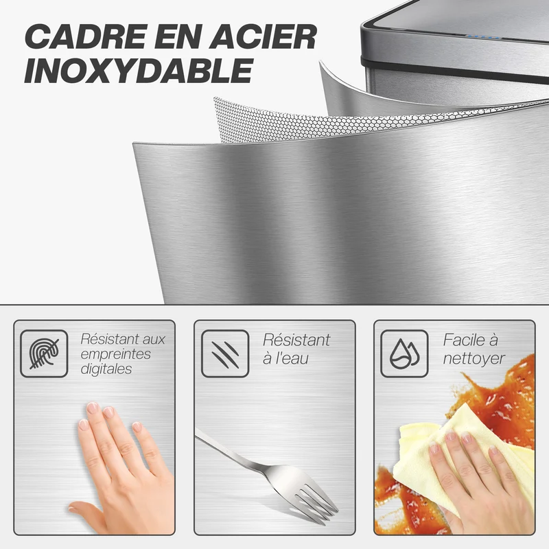 Poubelle à capteur de cuisine 39 x 27 x 66 cm ouverture sans contact fermeture douce moderne en acier inoxydable argenté 21_0005945