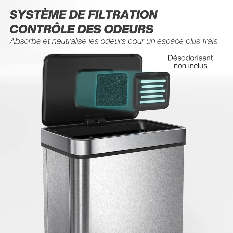 Poubelle à capteur de cuisine 39 x 27 x 66 cm ouverture sans contact fermeture douce moderne en acier inoxydable argenté 21_0005945