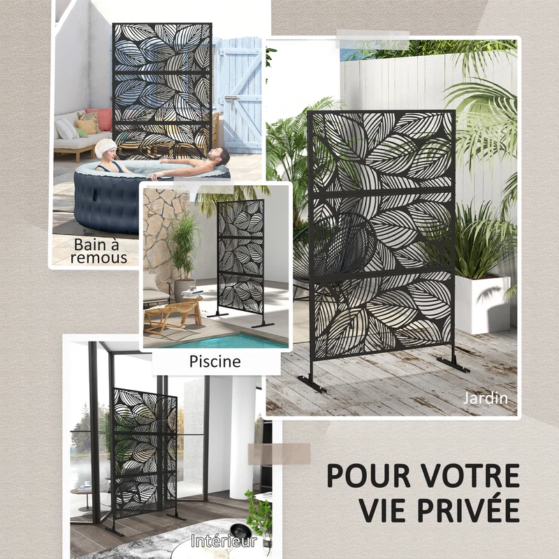 Panneau brise vue extérieur motif végétal 122 x 45 x 198 cm délimite et protège l'intimité style moderne en acier noir 21_0003981