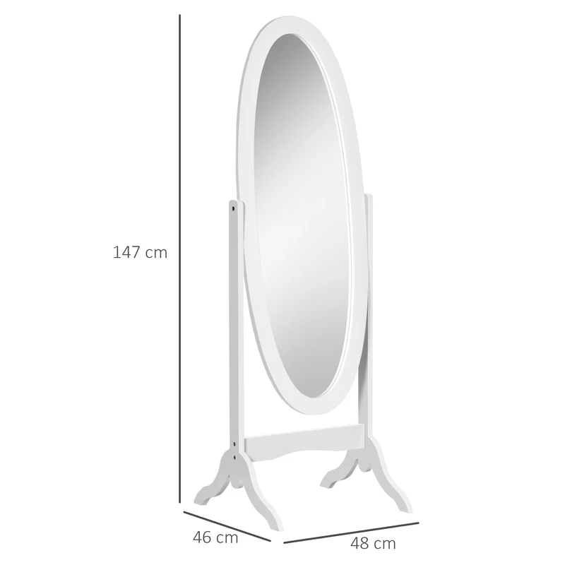 Miroir sur pied ovale 48 x 46 x 147 cm inclinaison réglable 90° 110° base robuste vintage chambre couloir en MDF blanc 21_0001496