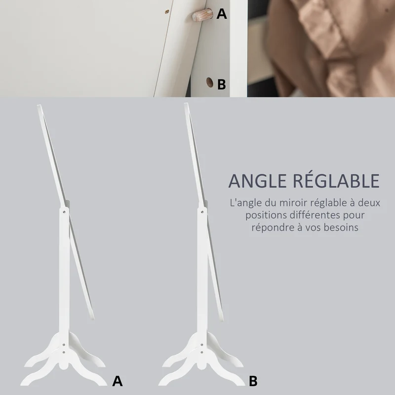 Miroir sur pied ovale 48 x 46 x 147 cm inclinaison réglable 90° 110° base robuste vintage chambre couloir en MDF blanc 21_0001496