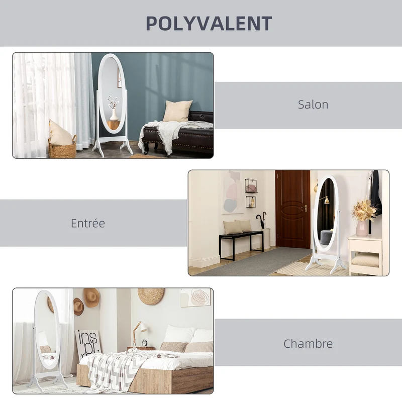 Miroir sur pied ovale 48 x 46 x 147 cm inclinaison réglable 90° 110° base robuste vintage chambre couloir en MDF blanc 21_0001496