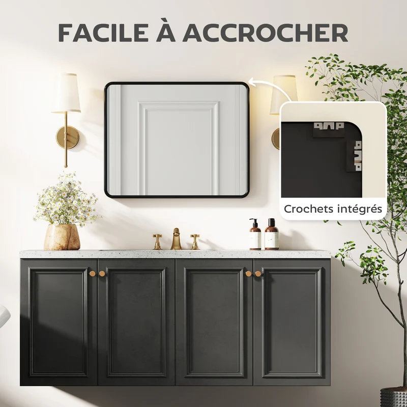 Miroir mural rectangulaire 50 x 40 x 3 cm usage vertical ou horizontal gain de place moderne contemporain en métal noir 21_0003711