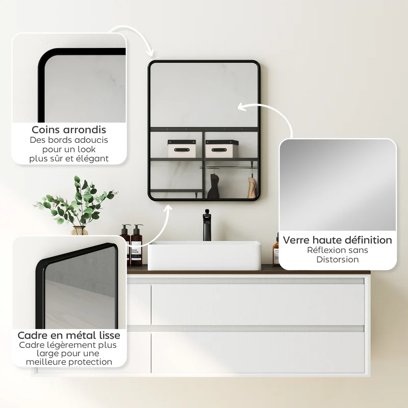Miroir mural rectangulaire 50 x 40 x 3 cm usage vertical ou horizontal gain de place moderne contemporain en métal noir 21_0003711