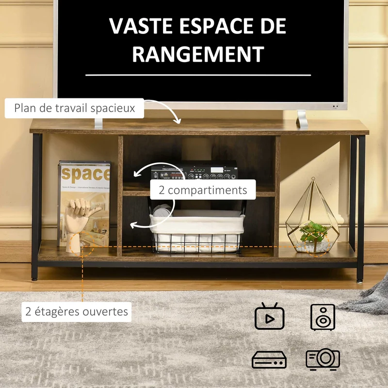 Meuble tv bas salon 110 x 40 x 50 cm rangements modulables étagères réglables style industriel en bois brun rustique 21_0003041
