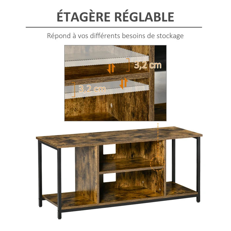 Meuble tv bas salon 110 x 40 x 50 cm rangements modulables étagères réglables style industriel en bois brun rustique 21_0003041