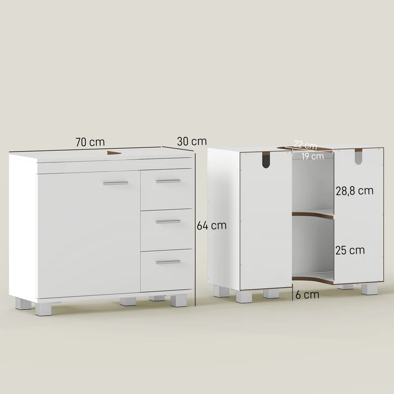 Meuble sous lavabo 70 x 30 x 64 cm 3 tiroirs fermeture douce salle de bain portes à panneaux plats moderne en MDF blanc 21_0002133