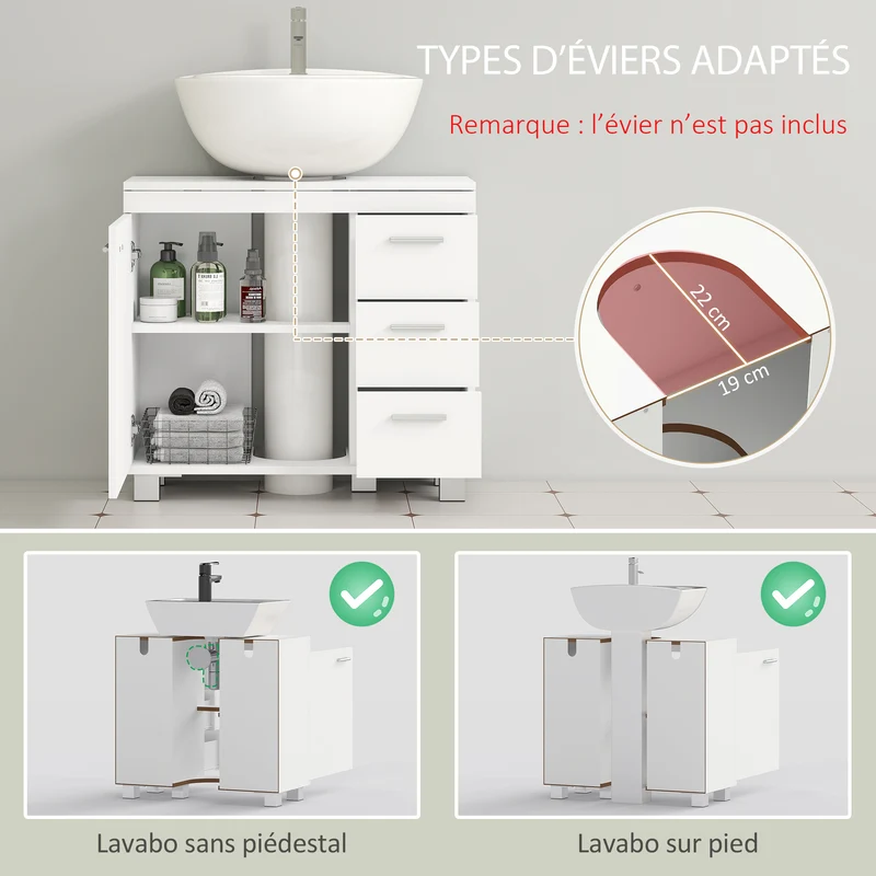 Meuble sous lavabo 70 x 30 x 64 cm 3 tiroirs fermeture douce salle de bain portes à panneaux plats moderne en MDF blanc 21_0002133
