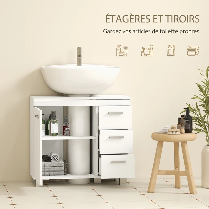 Meuble sous lavabo 70 x 30 x 64 cm 3 tiroirs fermeture douce salle de bain portes à panneaux plats moderne en MDF blanc 21_0002133