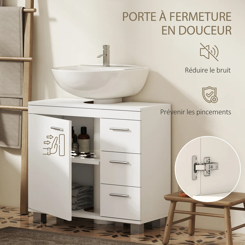 Meuble sous lavabo 70 x 30 x 64 cm 3 tiroirs fermeture douce salle de bain portes à panneaux plats moderne en MDF blanc 21_0002133