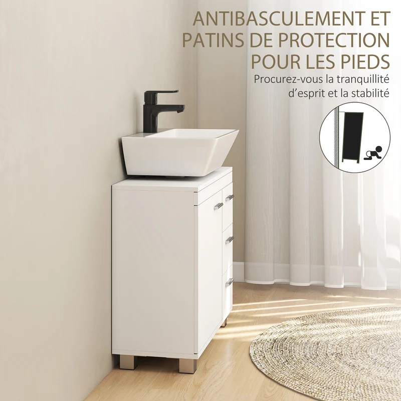 Meuble sous lavabo 70 x 30 x 64 cm 3 tiroirs fermeture douce salle de bain portes à panneaux plats moderne en MDF blanc 21_0002133