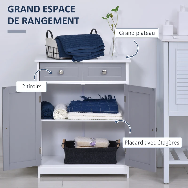 Meuble de salle de bain rangement 60 x 30 x 75 cm 2 tiroirs et étagère réglable moderne épuré finition mate en MDF blanc 21_0001875