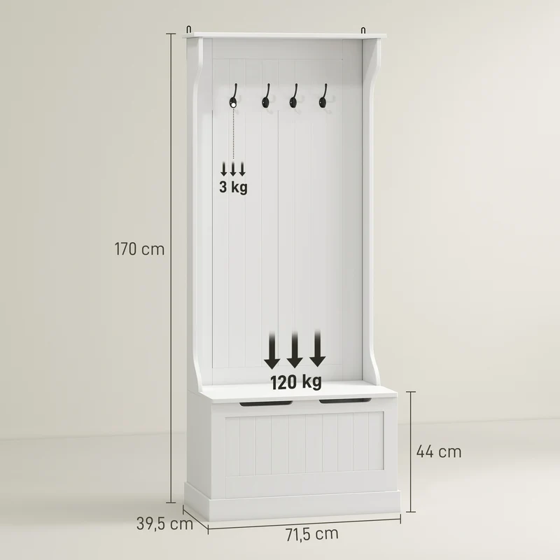 Meuble d'entrée vestiaire 71.5 x 39.5 x 170 cm 4 en 1 banc rangement 4 crochets assise pratique scandinave en MDF blanc 21_0002588