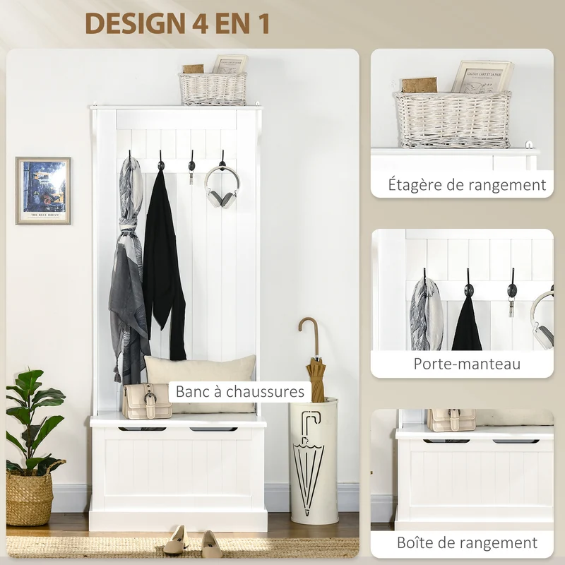 Meuble d'entrée vestiaire 71.5 x 39.5 x 170 cm 4 en 1 banc rangement 4 crochets assise pratique scandinave en MDF blanc 21_0002588