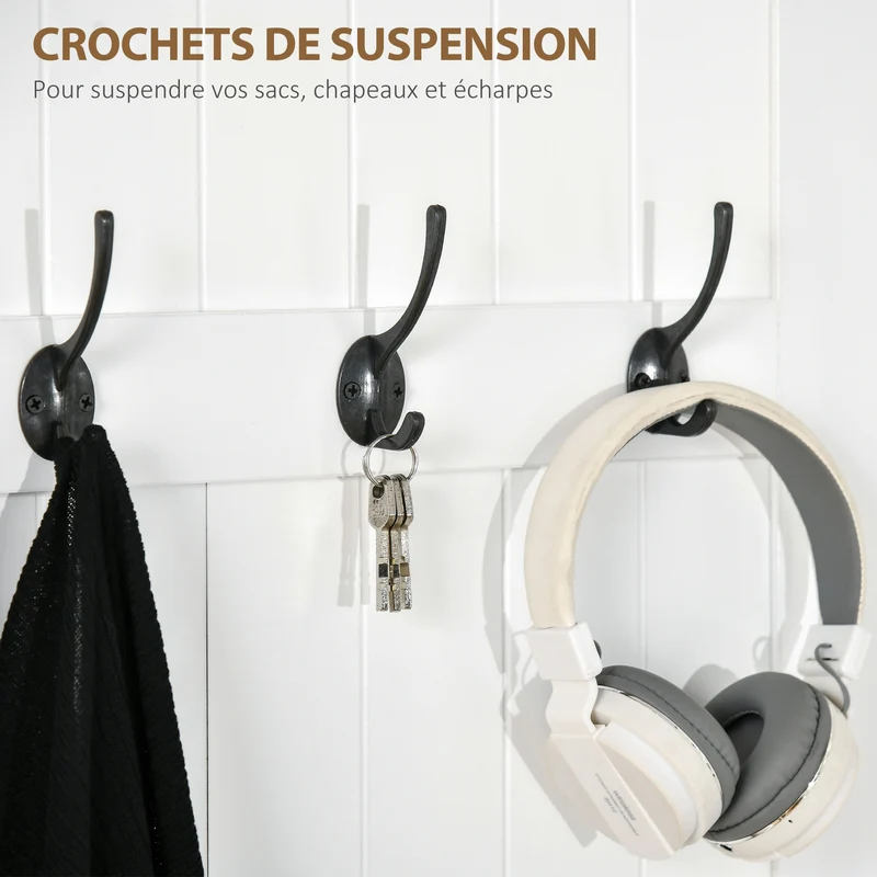 Meuble d'entrée vestiaire 71.5 x 39.5 x 170 cm 4 en 1 banc rangement 4 crochets assise pratique scandinave en MDF blanc 21_0002588