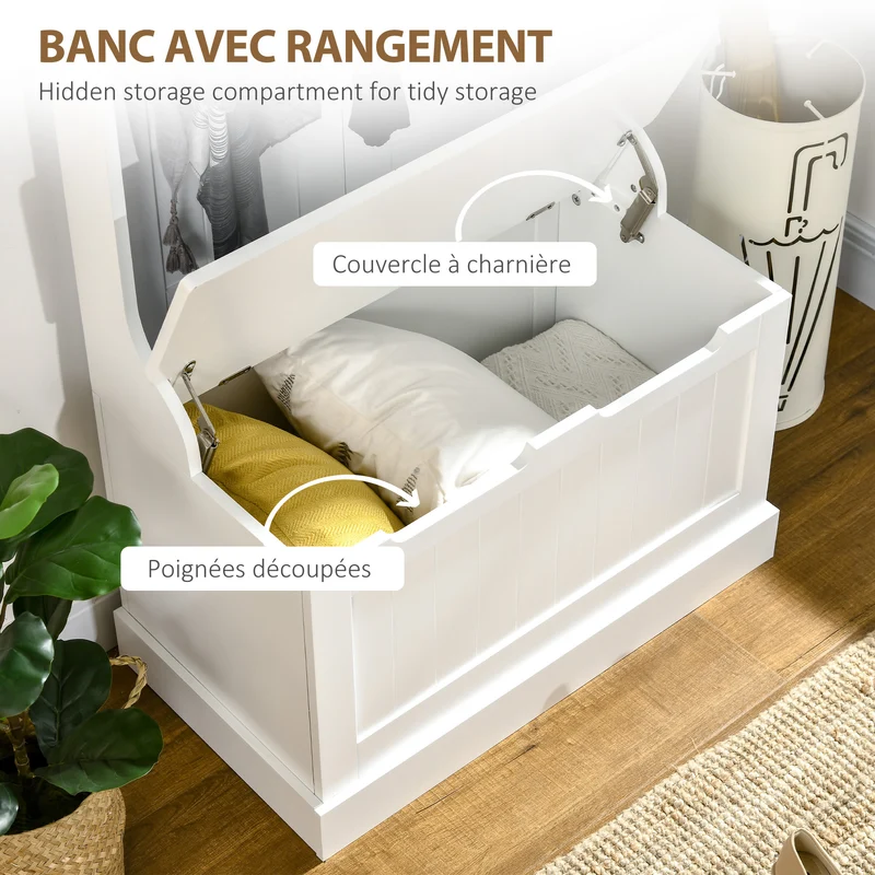 Meuble d'entrée vestiaire 71.5 x 39.5 x 170 cm 4 en 1 banc rangement 4 crochets assise pratique scandinave en MDF blanc 21_0002588