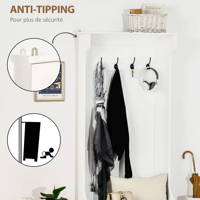 Meuble d'entrée vestiaire 71.5 x 39.5 x 170 cm 4 en 1 banc rangement 4 crochets assise pratique scandinave en MDF blanc 21_0002588