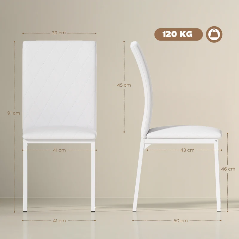 Lot de 4 chaises de salle à manger dossier haut 41 x 50 x 91 cm capitonné losange entretien facile moderne en PVC blanc 21_0002234