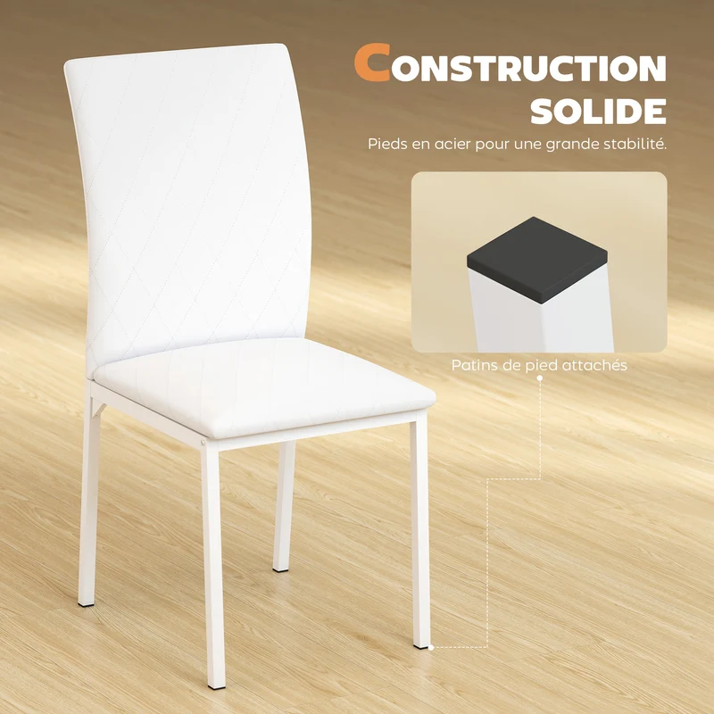 Lot de 4 chaises de salle à manger dossier haut 41 x 50 x 91 cm capitonné losange entretien facile moderne en PVC blanc 21_0002234