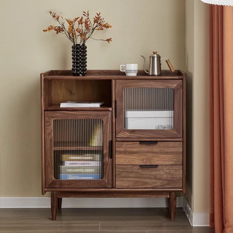 Traditional Vintage Rectangular Pine Wood Plywood Glass Large Capacity Storage Cabinet 2-Drawer For Living Room