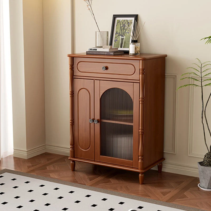 Modern Minimalist Rectangular Rubberwood Plywood Glass Sideboard Storage Cabinet 1-Drawer For Living Room