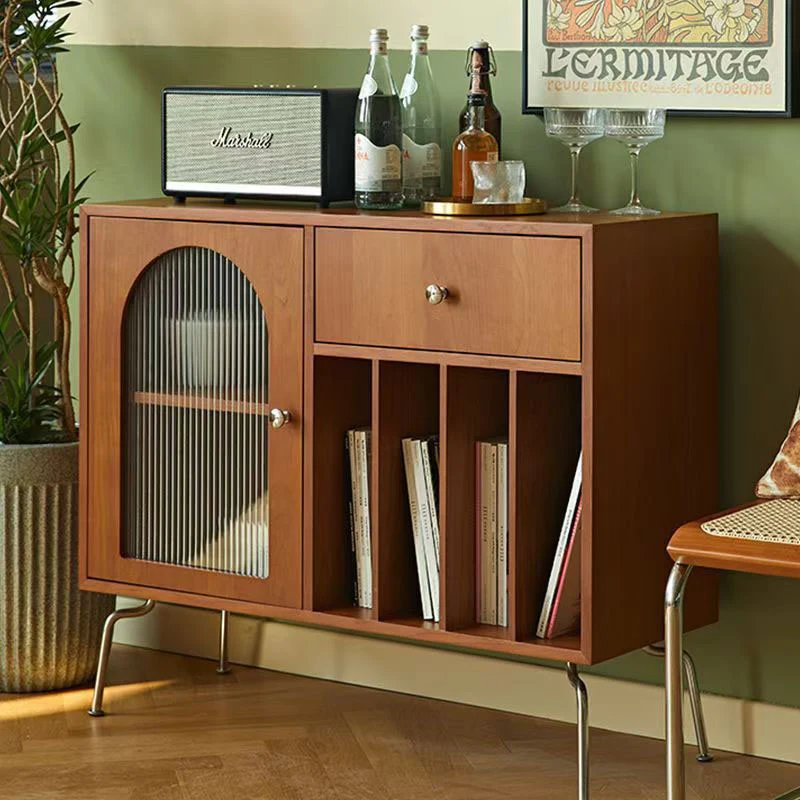 Contemporary Retro Rectangular Pine Wood Plywood Stainless Steel Glass Storage Cabinet 2/3-Tier For Living Room & Study