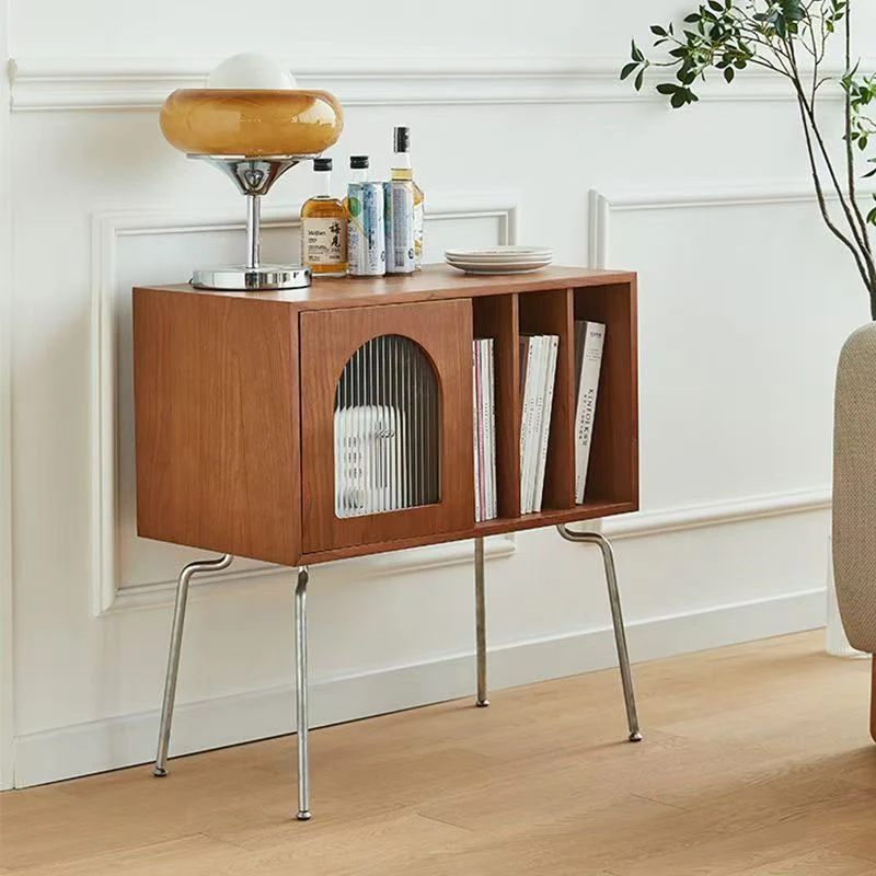 Contemporary Retro Rectangular Pine Wood Plywood Stainless Steel Glass Storage Cabinet 2/3-Tier For Living Room & Study