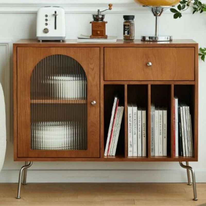 Contemporary Retro Rectangular Pine Wood Plywood Stainless Steel Glass Storage Cabinet 2/3-Tier For Living Room & Study