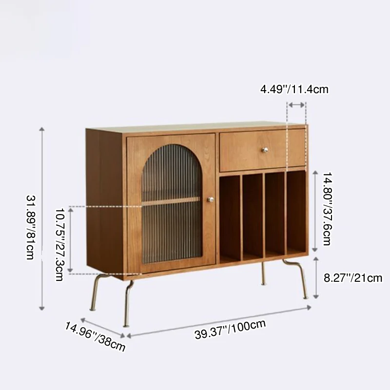 Contemporary Retro Rectangular Pine Wood Plywood Stainless Steel Glass Storage Cabinet 2/3-Tier For Living Room & Study