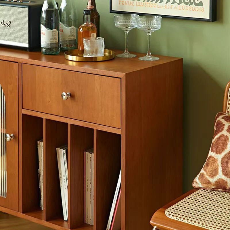 Contemporary Retro Rectangular Pine Wood Plywood Stainless Steel Glass Storage Cabinet 2/3-Tier For Living Room & Study