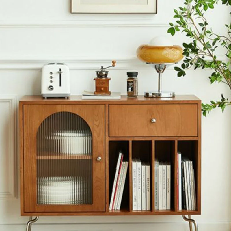 Contemporary Retro Rectangular Pine Wood Plywood Stainless Steel Glass Storage Cabinet 2/3-Tier For Living Room & Study