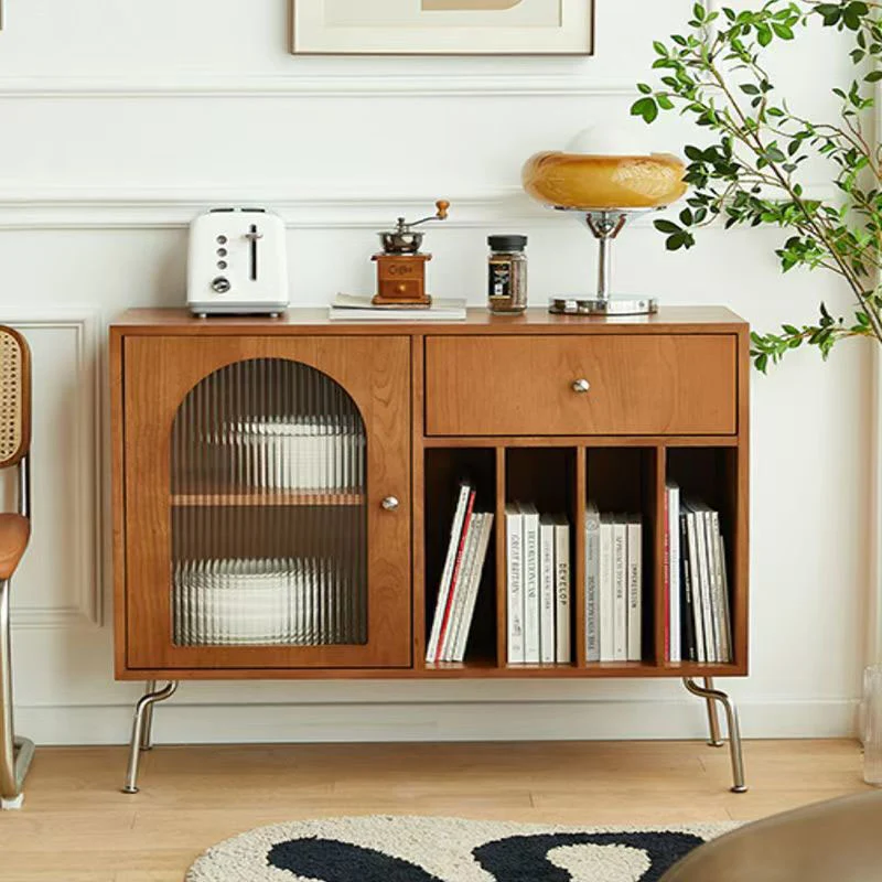 Contemporary Retro Rectangular Pine Wood Plywood Stainless Steel Glass Storage Cabinet 2/3-Tier For Living Room & Study