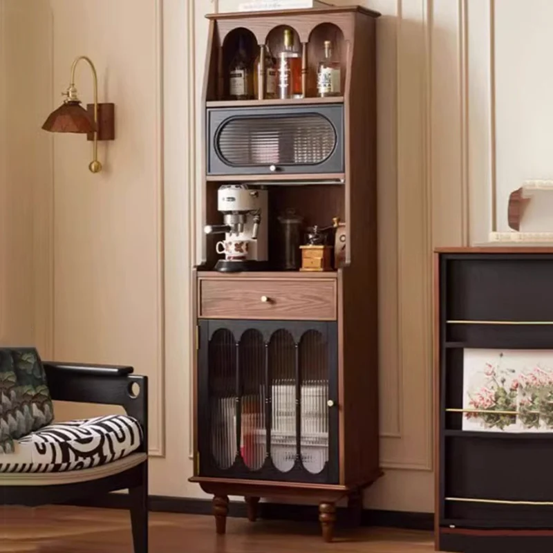 Traditional French Oak Wood Plywood Glass Rectangular Storage Cabinet 4-Tier For Living Room