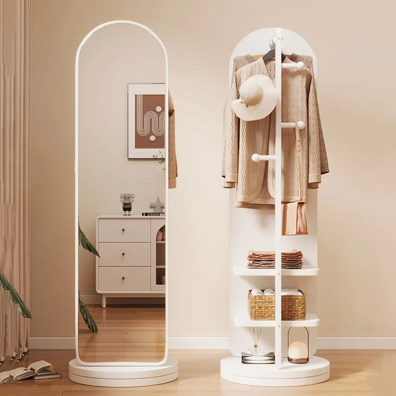 Modern Minimalist MDF Glass Arched Swivel Hall Tree 3-Tier Full-Length Mirror Storage For Bedroom & Living Room