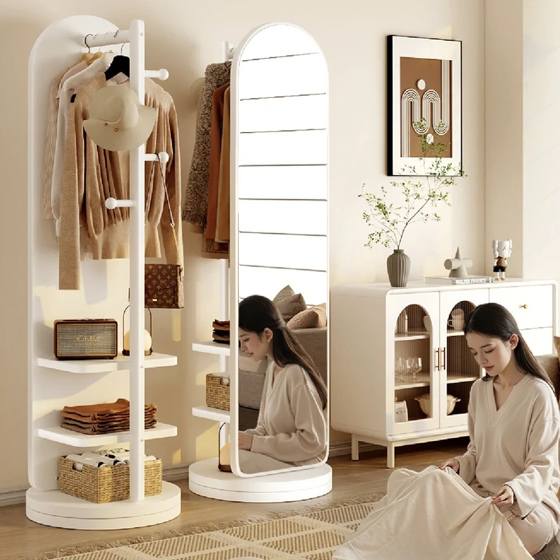 Modern Minimalist MDF Glass Arched Swivel Hall Tree 3-Tier Full-Length Mirror Storage For Bedroom & Living Room