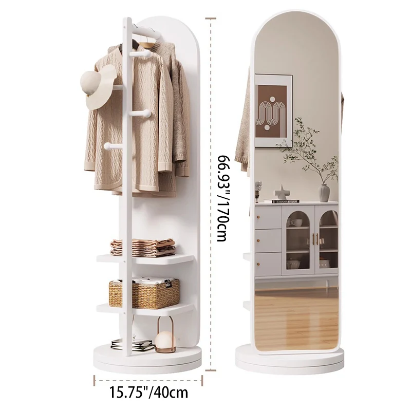 Modern Minimalist MDF Glass Arched Swivel Hall Tree 3-Tier Full-Length Mirror Storage For Bedroom & Living Room
