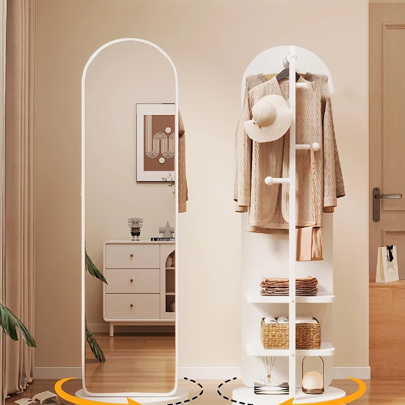 Modern Minimalist MDF Glass Arched Swivel Hall Tree 3-Tier Full-Length Mirror Storage For Bedroom & Living Room