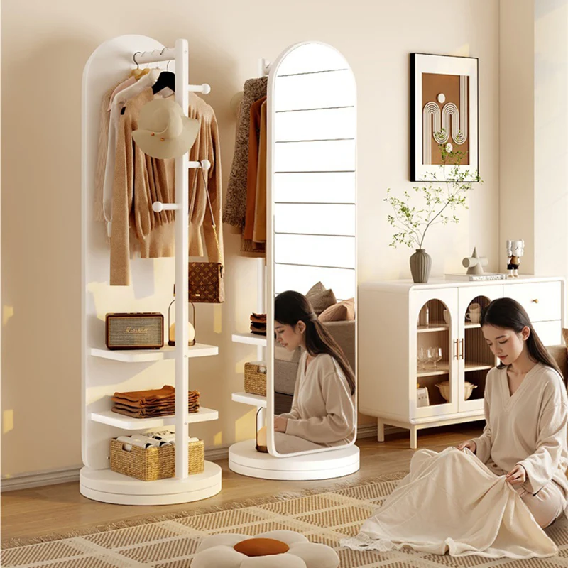 Modern Minimalist MDF Glass Arched Swivel Hall Tree 3-Tier Full-Length Mirror Storage For Bedroom & Living Room