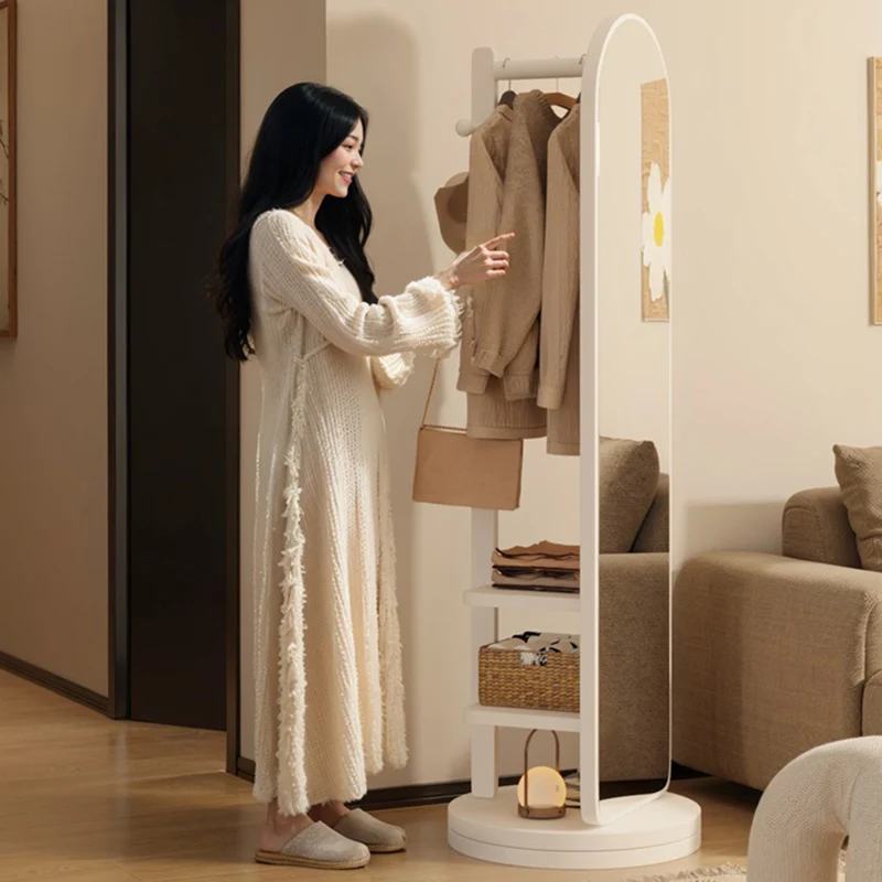 Modern Minimalist MDF Glass Arched Swivel Hall Tree 3-Tier Full-Length Mirror Storage For Bedroom & Living Room