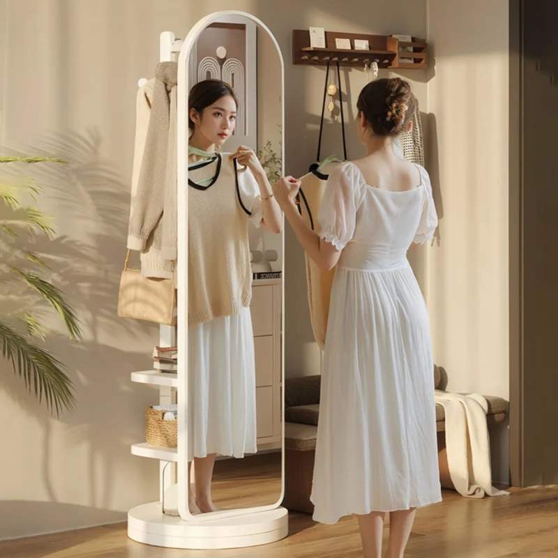 Modern Minimalist MDF Glass Arched Swivel Hall Tree 3-Tier Full-Length Mirror Storage For Bedroom & Living Room